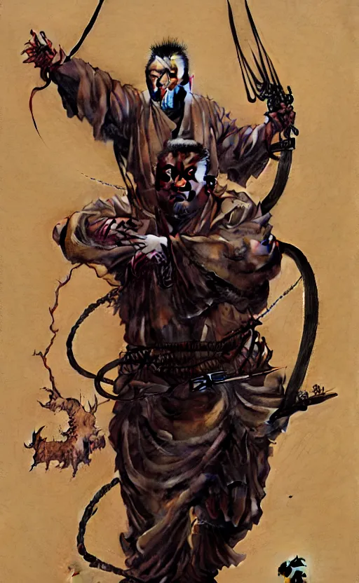 Image similar to portrait of zatoichi in the style of wayne barlowe, gustav moreau, peter mohrbacher, bussiere, roberto ferri, santiago caruso, luis ricardo falero, austin osman spare, boris vallejo, hajime sorayama