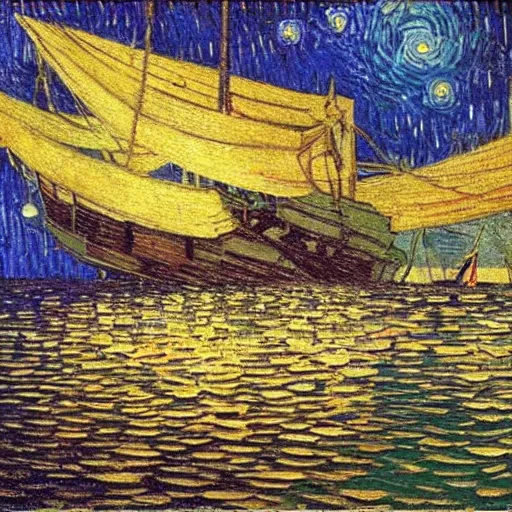 Image similar to oil painting of a flooded ship interior, light scatter, van gogh