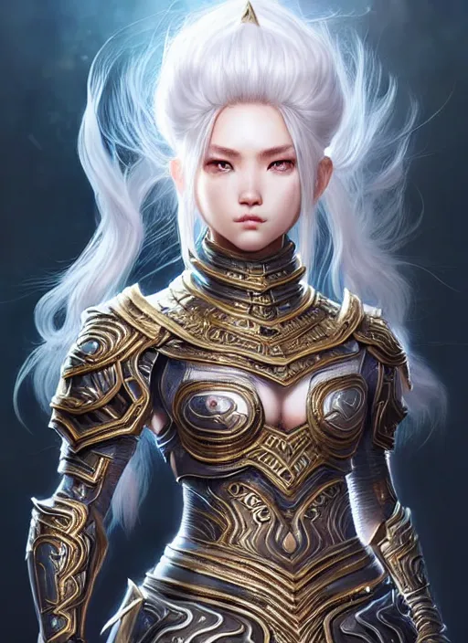 Image similar to warrior, intricate ornate opal heavy armor!!! beautiful and athletic white hair female!! gorgeous face and eyes!! character concept art, sharp focus, octane render! unreal engine 5! highly rendered!! trending on artstation!! detailed linework!! illustration by artgerm, wlop, and chie yoshii