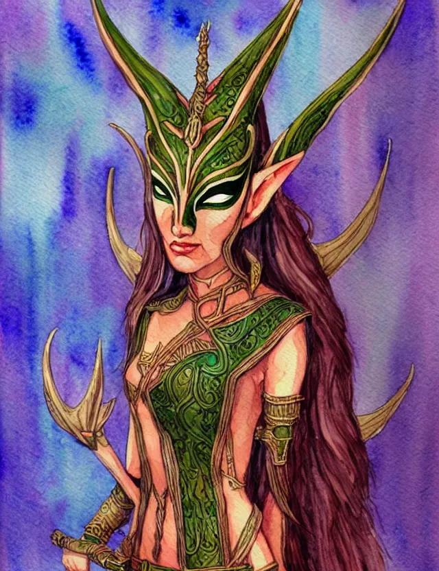 Prompt: elven masked deity. this watercolor painting by an indie artist has an interesting color scheme, plenty of details and impeccable lighting.