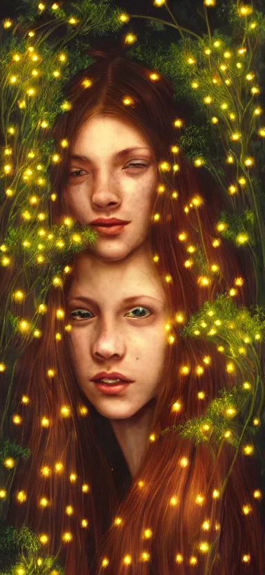 Image similar to young woman, smiling, amazed by golden fireflies lights, sitting in the midst of nature fully covered, long loose red hair, intricate linework, green eyes, small nose with freckles, oval shape face, realistic, expressive emotions, dramatic lights, spiritual scene, hyper realistic ultrafine art by cecco del caravaggio and albert bierstadt and artgerm