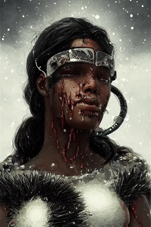 Image similar to ultra realistic illustration, snowy, cold, black mixed woman with bloodied face, hacknaut cyberpunk, sci - fi, fantasy, intricate, elegant, highly detailed, digital painting, artstation, concept art, smooth, sharp focus, illustration, art by artgerm and greg rutkowski and alphonse mucha