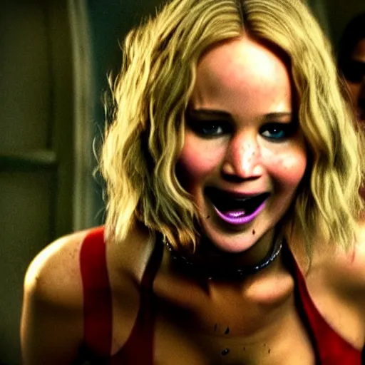 Prompt: cinematic jennifer lawrence as frankensteins monster, color photography, sharp detail, she is amused, still from the movie avengers, dirt on face