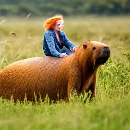 Image similar to cinematic shot of a thin ginger woman riding on top of a giant capybara in a field, 8k, dslr, detailed and realistic face,