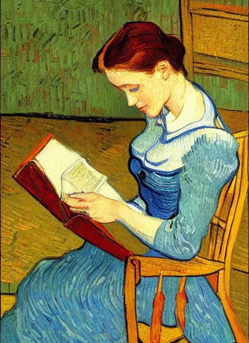 Prompt: lifelike oil painting portrait of belle reading a book by van gogh