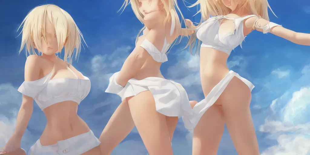 Image similar to tiny father a tall daughter picture : a very beautiful young blond anime girl, sky blue eyes, bikini, white miniskirt, highly detailed, cinematic wallpaper by stanley artgerm lau