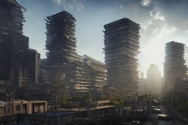 Image similar to streetscape, a towering cathedral of brutalist architecture, buildings covered with greebles, stunning volumetric light, sunset, metal, concrete and translucent material, stunning skies, majestic landscape, trending on Artstation, 8k, photorealistic, hyper detailed, unreal engine 5, IMAX quality, cinematic, epic lighting, in the style of Greg Rutkowski