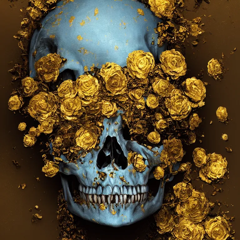 Image similar to A beautiful oil painting hyperrealism of a decayed black skull head, rotting black clay skin, gold flaked flowers, 8k resolution, octane render, Trending on artstation, by Gediminas Pranckevicius, volumetric light 2blue fractal Thunder glow by dan mumford, anaglyph effect, Laurie Lipton