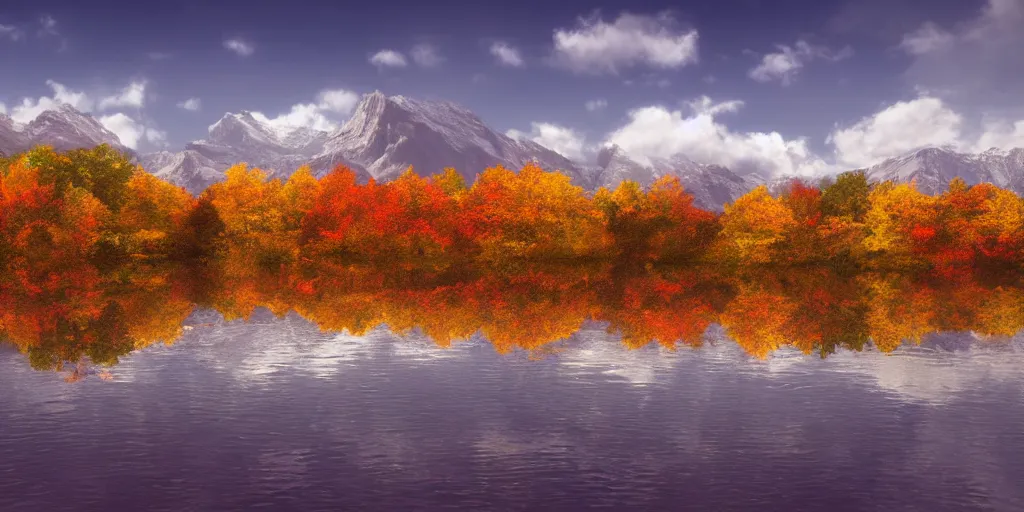 Image similar to peaceful clouds, mountain range, lake, autumn, colorful leaves, epic, matte painting, concept art, 4k