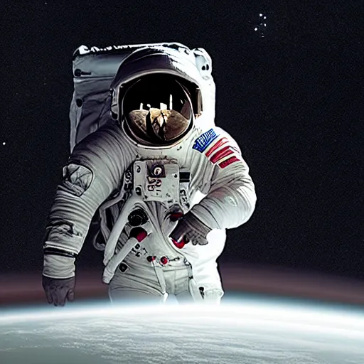 Image similar to photograph of an astronaut against the pitch black darkness of space, nothing behind, full body photo, amazing light and shadow contrast,, 8 k