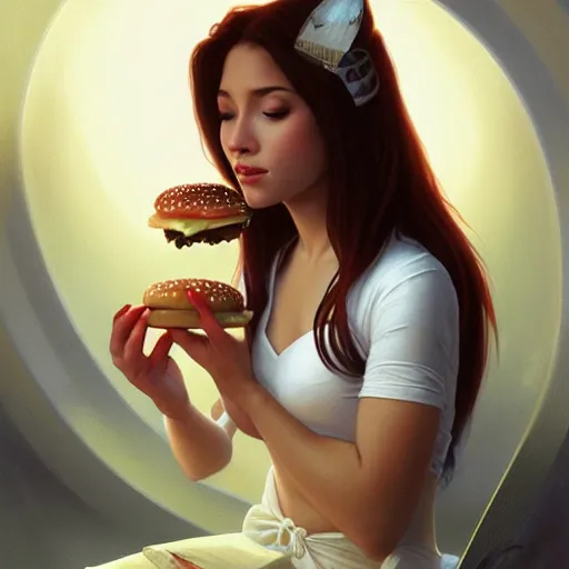 Prompt: portrait of destiny dixon eating hamburgers, extra onions and ketchup, luscious patty with sesame seeds, feminine ethereal, handsome, D&D, fantasy, intricate, elegant, highly detailed, digital painting, artstation, concept art, matte, sharp focus, illustration, art by Artgerm and Greg Rutkowski and Alphonse Mucha