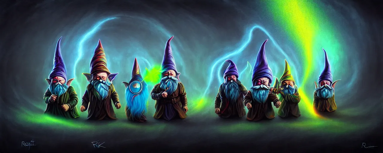 Image similar to whimsical bifrost alchemical gnomes, surreal dark uncanny painting by ronny khalil