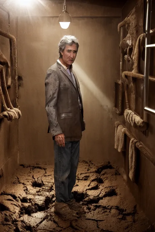 Image similar to cinematic still of randy mantooth covered in mud crawling on hands and knees across a bathroom floor, 4 k, dramatic lighting