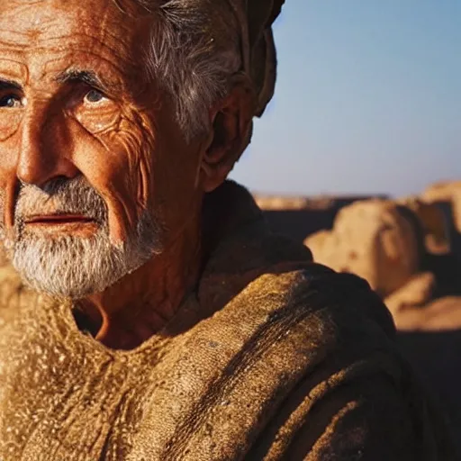 Image similar to film still of 80 year old Mediterranean skinned man in ancient Canaanite looking up at the nighttime sky, Biblical epic directed by Wes Anderson