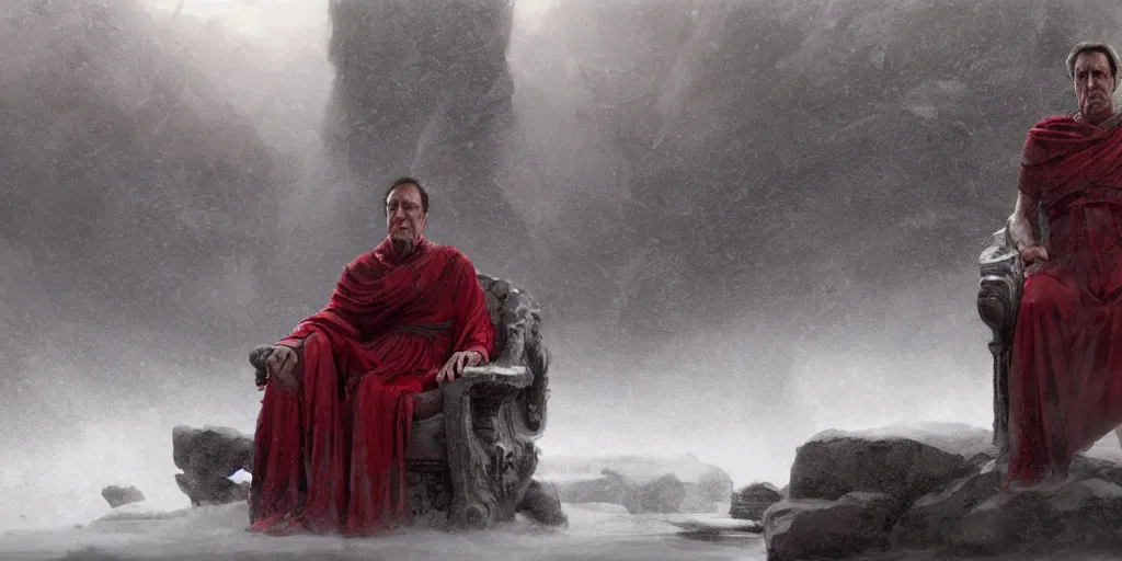 Image similar to the end is near. a tired julius caesar is sitting on his throne. face is highly detailed. splices of red are running down his toga. mist. color scheme red. low angle close shot. atmospheric. global illumination. unreal engine render. imagined by jeremy lipking