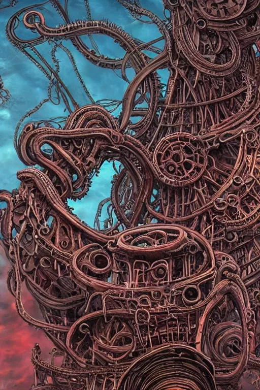 Image similar to lovecraftian biomechanical machine tower with fleshy tendrils, giant eyeball at top!, overlooking dystopian wasteland, highly detailed, colorful with red hues