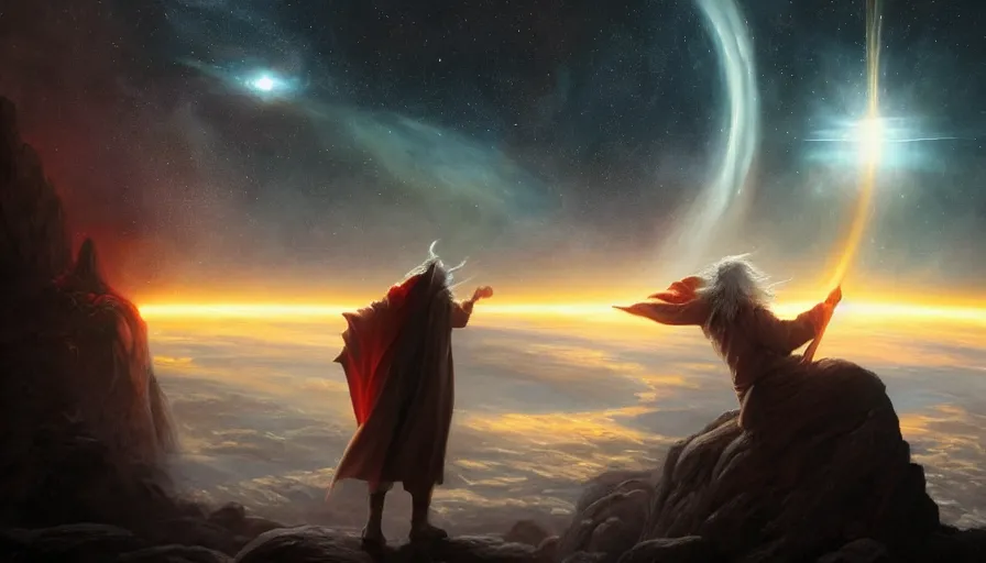 Prompt: a beautiful painting of gandalf watching a red giant star going supernova in the sky of an alien world, ray traced lighting by jean kalin popov and greg rutkowski