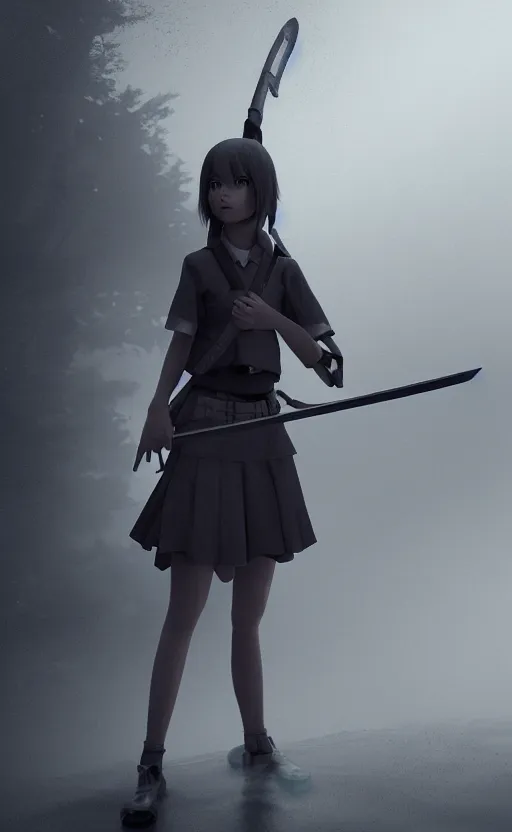 Image similar to school girl holding a katana, gloomy and foggy atmosphere, octane render, cgsociety, artstation trending, horror scene, highly detailded