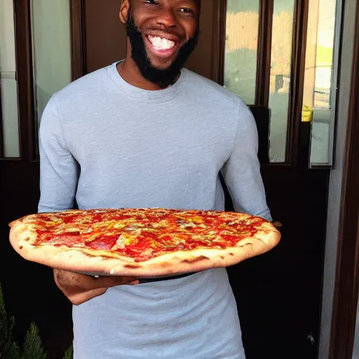 Prompt: calebcity at his front door smiling as he recieves his pizza