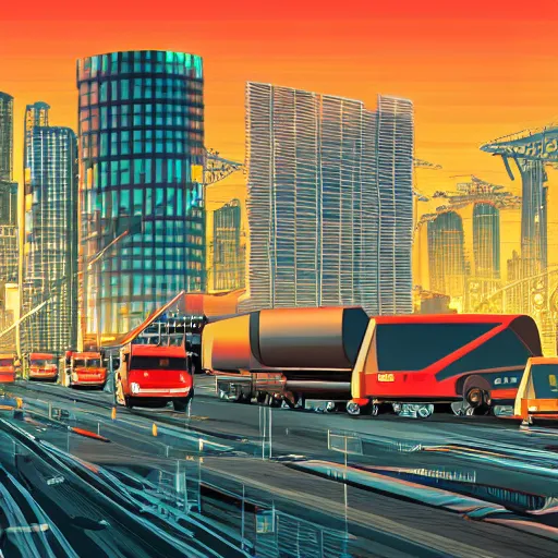 Prompt: futuristic cargo trucks driving through a solar punk city, illustration