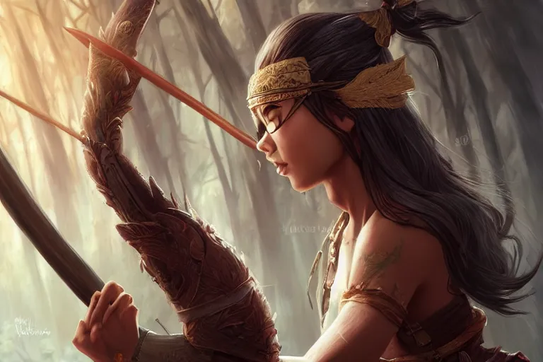 Image similar to beautiful cinematic fantasy poster, asian woman side view using a bokken in forest, wooden sword ; by artgerm ; wayne n reynolds art station ; cinematic quality character render ; high quality ac - h 9 6 0