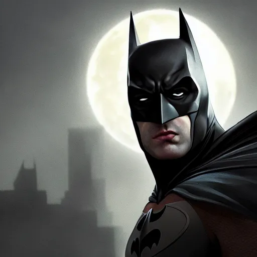 Image similar to closeup portrait of batman, realistic portrait, dramatic lighting, city background, moon, trending on artstation, high detail, chiaroscuro, painted by greg rutkowski and igor kieryluk