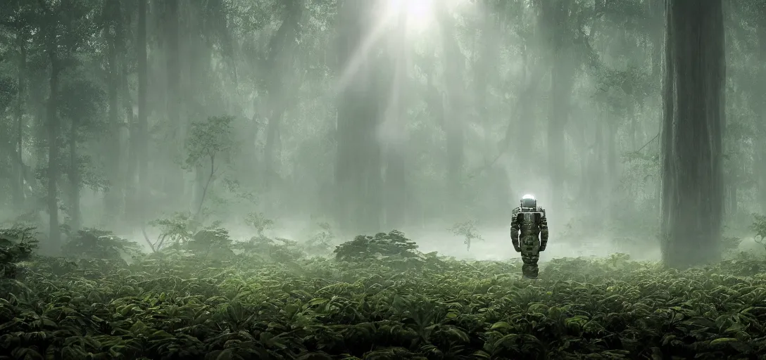 Image similar to an astronaut looking at a complex organic fractal metallic symbiotic ceramic humanoid megastructure creature in a swampy lush forest, foggy, sun rays, cinematic shot, photo still from movie by denis villeneuve, wayne barlowe