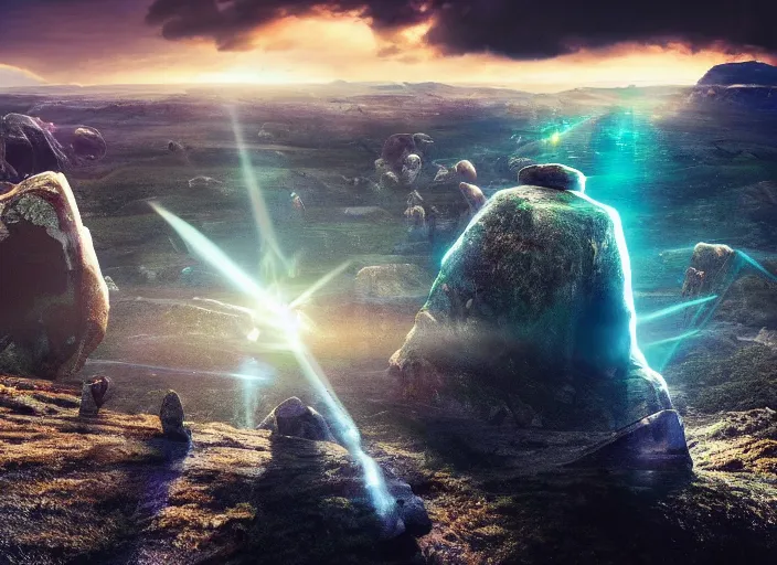 Image similar to giant interdimensional rock creatures fall from the sky, a vast landscape, awe inspiring, wide angle, cinematographic photo, subtle lens flare