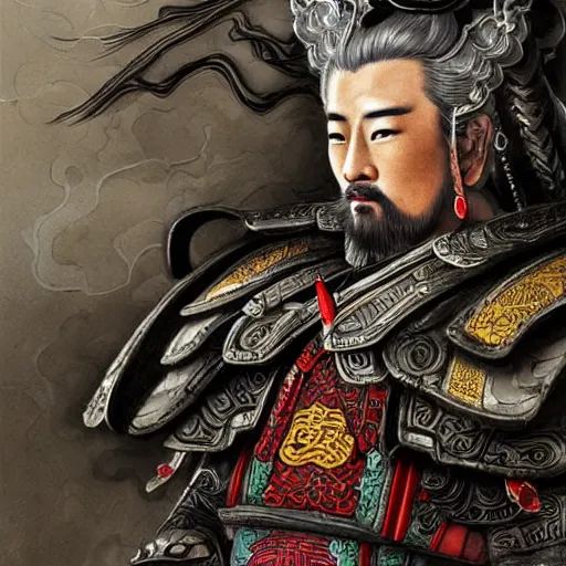 Image similar to dynamic composition, motion, ultra-detailed, incredibly detailed, a lot of details, amazing fine details and brush strokes, colorful and grayish palette, smooth, HD semirealistic anime CG concept art digital painting, watercolor oil painting of a Tang Ming dynasty chinese tao fantasy general wearing armor, from Three Kingdoms, by a Chinese artist at ArtStation, by Huang Guangjian, Fenghua Zhong, Ruan Jia, Xin Jin and Wei Chang. Realistic artwork of a Chinese videogame, gradients, gentle an harmonic grayish colors.