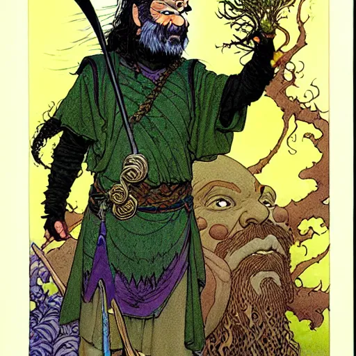 Image similar to a high fantasy portrait of bill murray as a mystical druidic warrior wizard giving the camera the finger by rebecca guay, michael kaluta, charles vess and jean moebius giraud