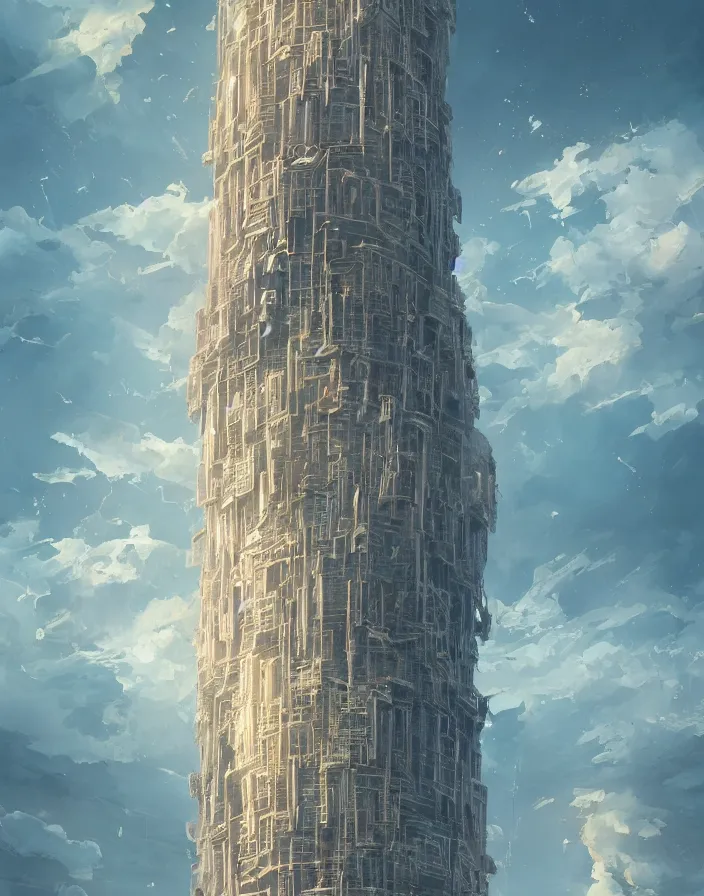 Image similar to painting of a tall tower that reaches beyond the clouds, intricate abstract. delicate artwork. by Tooth Wu, wlop, beeple, dan mumford. octane render, trending on artstation, greg rutkowski very coherent symmetrical artwork. cinematic, hyper realism, high detail, octane render, 8k, depth of field, bokeh. chrome accents.