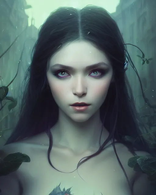 Image similar to highly detailed vfx portrait of a beautiful vampire girl, wonderful eyes, three - dimensional rendering, unreal engine, alexey gurylev, greg rutkowski, loish, rads, beeple, makoto shinkai and lois van baerle, rossdraws, tom bagshaw, alphonse mucha, global lighting, detailed and complex environment