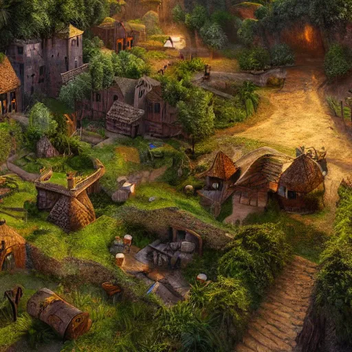 Prompt: medieval village in the middle of lush forest, highly detailed, rim light, art, cinematic lighting, very coherent, hyper realism