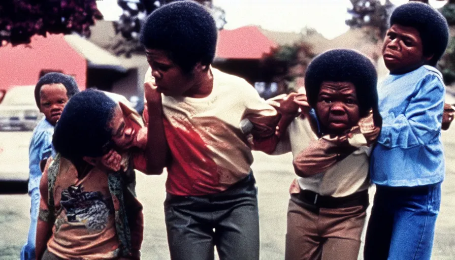 Image similar to 7 0 s film still from a horror movie about gary coleman fighting emmanuel lewis, kodachrome, cinecolor, cinestill, film grain, film texture, retro, cinematic, high resolution, photorealism,