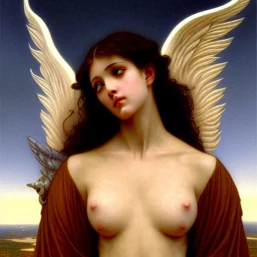 Prompt: Winged girl angel, face, fantasy, intricate, elegant, highly detailed, digital painting, artstation, concept art, smooth, sharp focus, illustration, art by John Collier and Jean-Leon Gerome and William Bouguereau and Albert Aublet