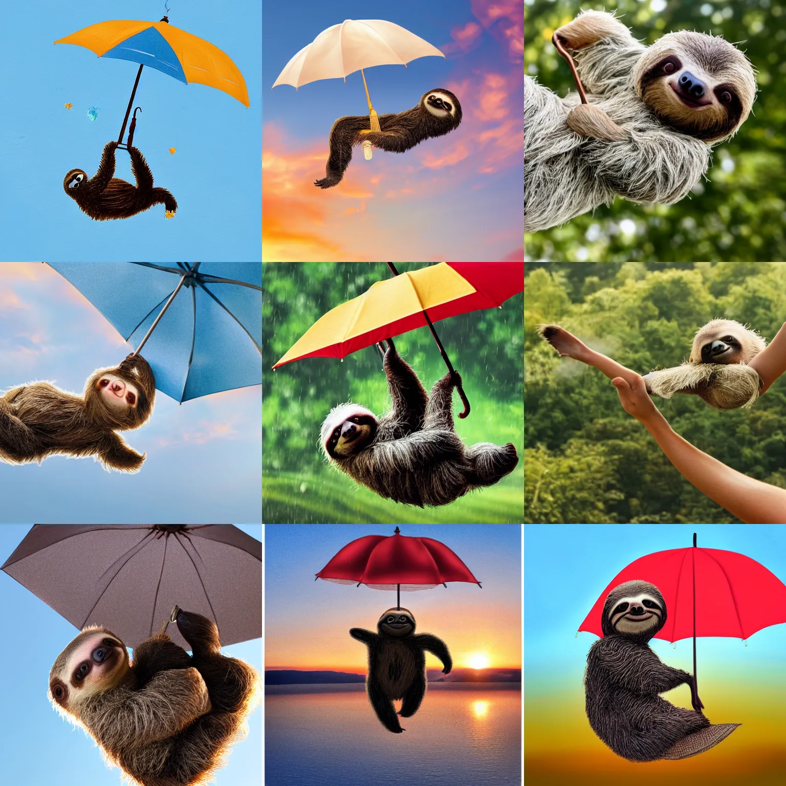 Prompt: baby sloth floating down from the sky while holding an open umbrella like mary poppins, golden hour