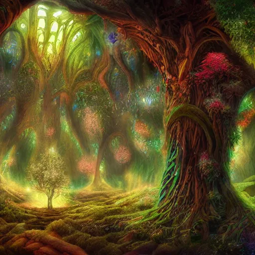 Prompt: the Interior of an enchanted tree, fantasy art, digital art, trending on artstation, HDR, nicely detailed, 8k, vibrant colors