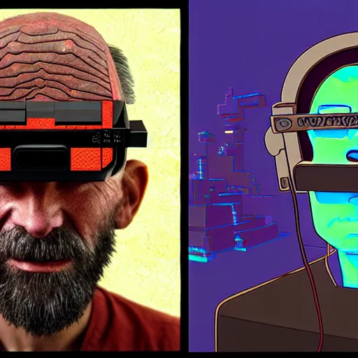 Image similar to Colour Photography of 1000 years old man with highly detailed 1000 years old face wearing higly detailed cyberpunk VR Headset designed by Josan Gonzalez Many details. Man playing Minecraft in VR . In style of Josan Gonzalez and Mike Winkelmann andgreg rutkowski and alphonse muchaand Caspar David Friedrich and Stephen Hickman and James Gurney and Hiromasa Ogura. Rendered in Blender