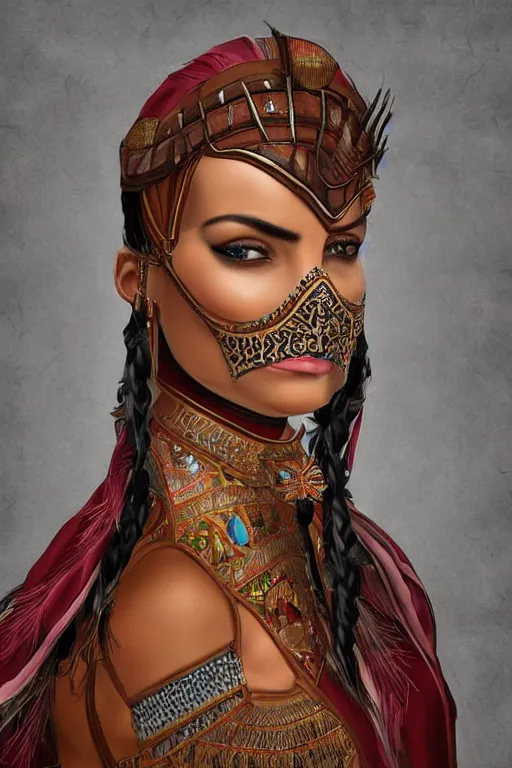 Prompt: hyperrealistic portrait from middle eastern mask woman riding horse, super highly detail, accurate, without duplication content, gta chinatown wars art style, white border frame median 5, medium close up shot, justify content center, symmetrical