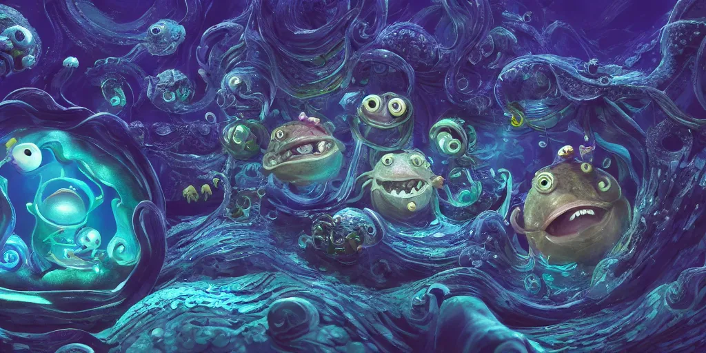 Image similar to of an intricate deep sea with strange cute friendly happy creatures with huge eyes, long tongue, round teeth and goofy funny face, appearing from the background, in the style of gehry and gaudi, macro lens, shallow depth of field, ultra detailed, digital painting, trending artstation, concept art, illustration, cinematic lighting, photorealism, epic, octane render