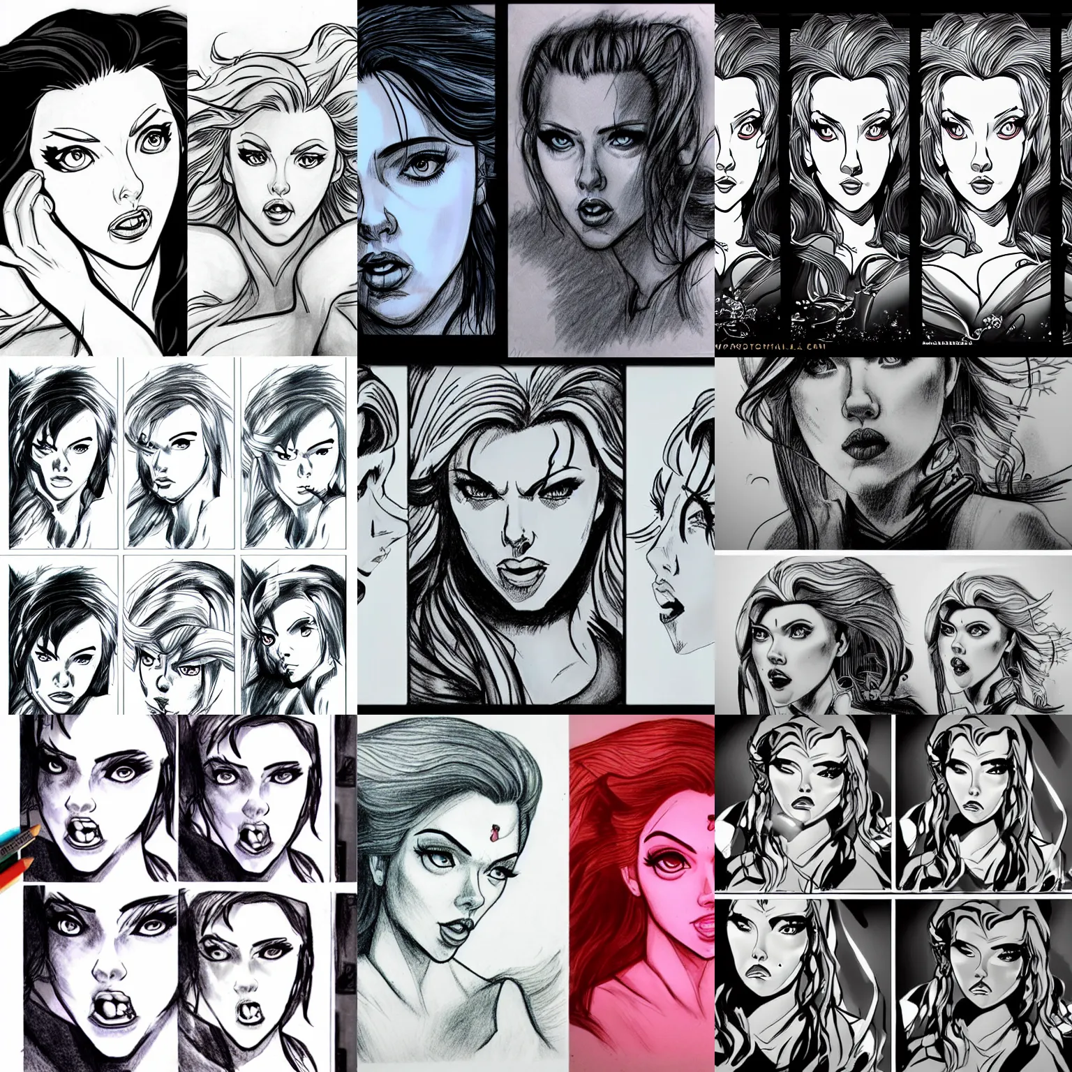 Prompt: 3 panels of scarlett johansson with angry expression as ursla in the little mermaid, dramatic lighting, anime style, pencil and ink manga drawing,