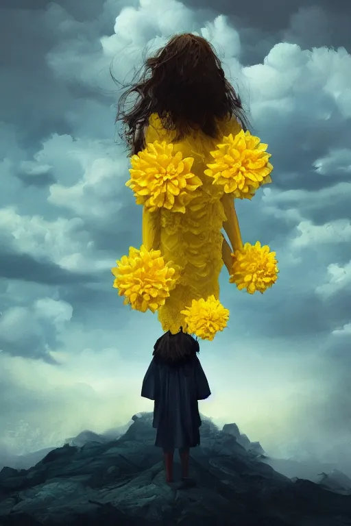 Image similar to closeup girl with huge yellow dahlia flower face, intricate, standing on mountain, surreal photography, blue storm clouds, dramatic light, impressionist painting, digital painting, artstation, simon stalenhag