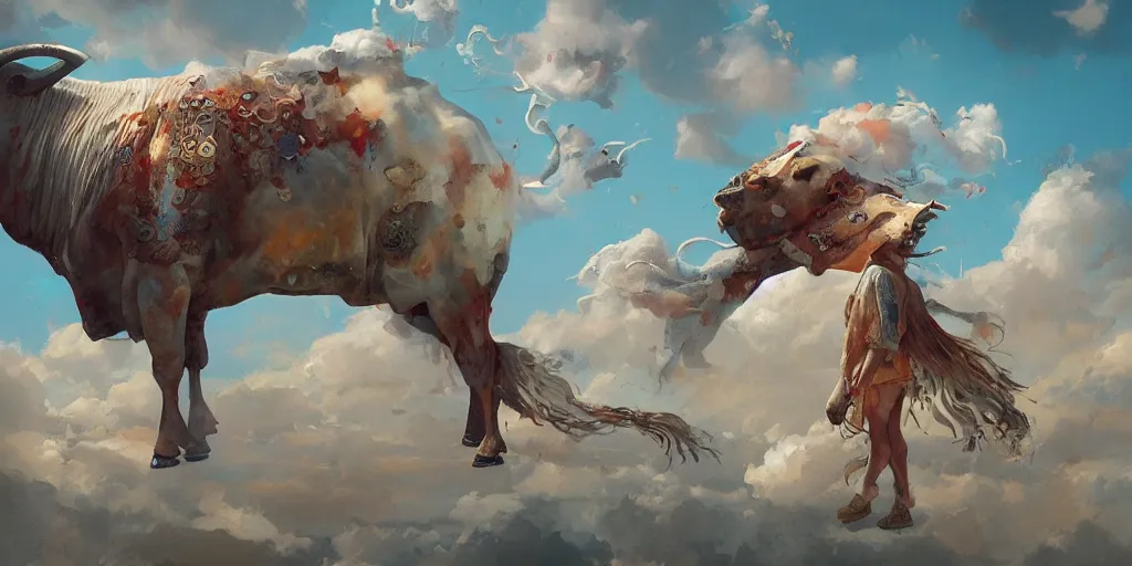 Image similar to sacred cow, ceremonial clouds, dripping paint, fibonacci rhythm, artstation, art germ, wlop, karol bak, christopher balaskas, ross tran