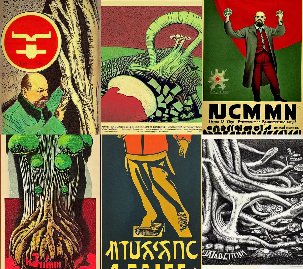 Prompt: iconic lenin as mushrum, fungus, scheme, root system, soviet poster, realism, avangard, many details, 1 9 2 0