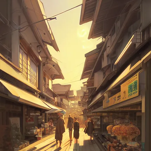 Prompt: walking around ozu city and shimonad station, ehime, japan. volumetric lighting, hot summer evening, golden hour, realistic illustration, perfectly shaded, soft painting, art by krenz cushart and wenjun lin