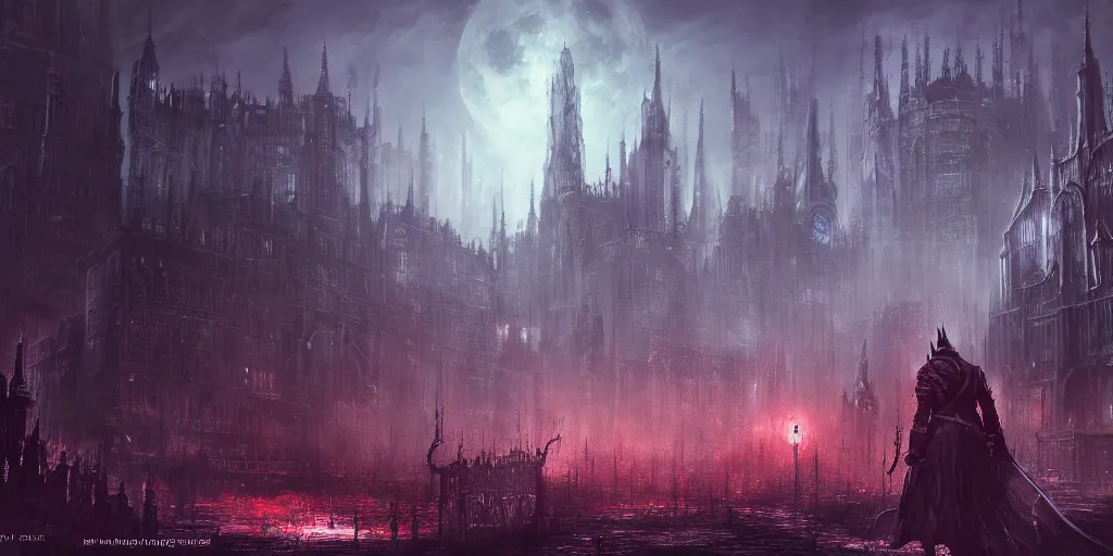 Image similar to a huge megacity in the style of bloodborne, dark souls, demon souls, gothic art, dark fantasy, concept art, digital painting, volumetric lighting, trending on art station, night time, moon light, god rays, highly detailed