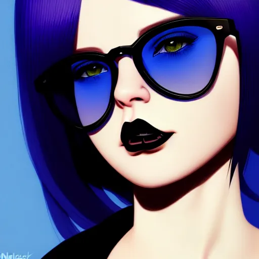 Prompt: realistic high key portrait photo of a beautiful chubby pale goth girl with asymmetrical blue hair and badass euro design sunglasses hiding a secret. by nagel, shin jeongho, nick silva and ilya kuvshinov, deviantart, detailed character design, 8 k resolution