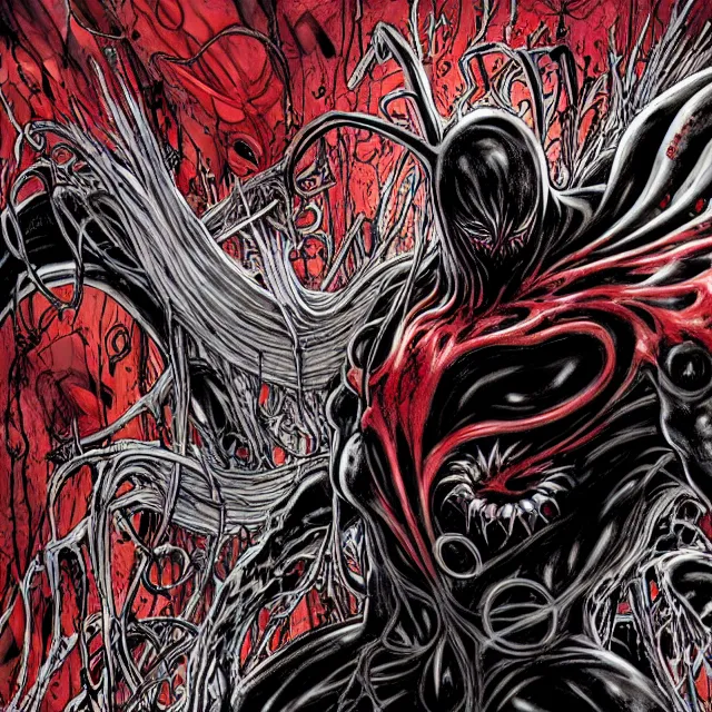 Prompt: expressive and dreadfull, [ cartooncore ], detailed, organic flowing background, black ink & copic markers, vibrant muted colors, disturbing grunge still of a [ carnage symbiote possessing ] [ spawn ], by arthur adams, by tom bagshaw, by todd mcfarlane