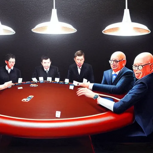 Prompt: UHD photorealistic Elon Musk playing poker with Satoshi Nakamoto, Klaus Schwab, and Bill Gates, hyperrealistic, correct details, cosmic studio lighting, symmetrical faces, accurate faces, by Greg Rutkowski