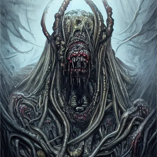 Image similar to Dark fantasy Painting of a hulking muscular demonic flesh creature covered in boils with drool dripping from its mouth, hr giger muscles, tentacles growing from its face, rising out of the depths of the foggy water, full body, disgusting, creepy, unsettling, horror, intricate, wild, highly detailed, digital painting, artstation, concept art, smooth, sharp focus, illustration, art by artgerm and greg rutkowski and alphonse mucha